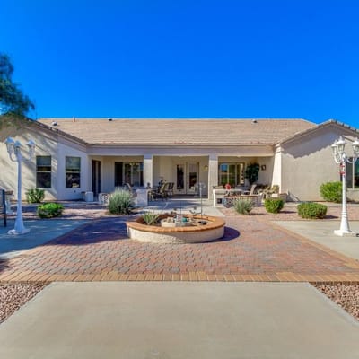 Outdoor common area with seating and landscaping