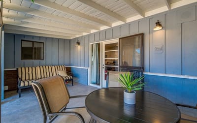 Interior view of a cozy seating area with a table