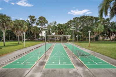 Outdoor shuffleboard courts in a green space
