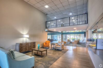 Bright and inviting common area with seating