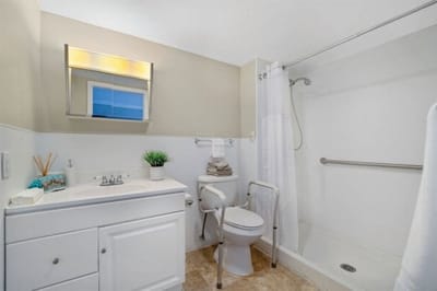 Bright, clean bathroom with shower and amenities