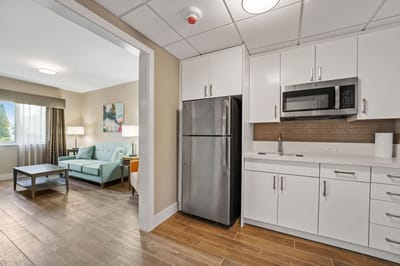 Well-furnished living room area with kitchenette