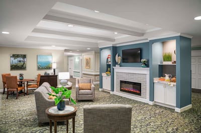 Cozy common area with seating and fireplace