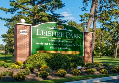 Sign for Leisure Park facility with landscaping