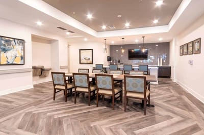 Interior view of a community lounge with seating