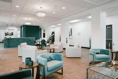 Interior view of a modern common area with seating