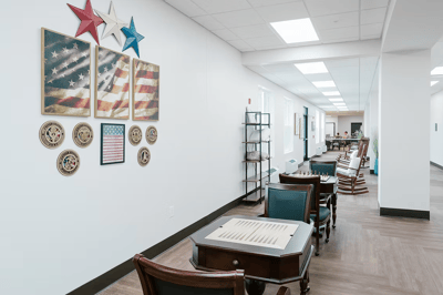 Interior view of a common area with patriotic decorations