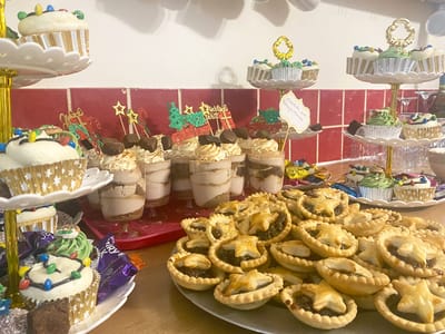 Decorated holiday desserts and treats on a table
