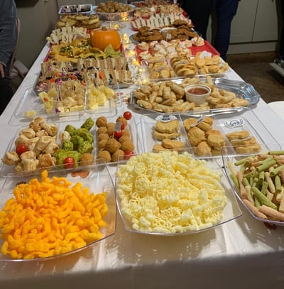 A colorful display of various foods on a table