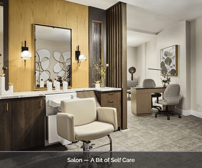 Interior photo of a salon area in a senior living facility