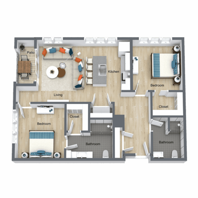 Architectural floor plan of a living unit with labeled rooms