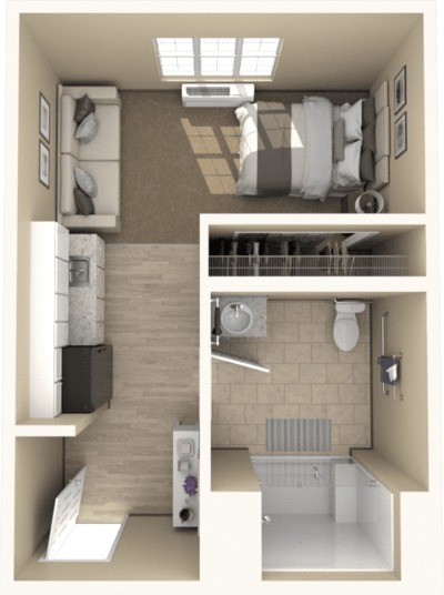 Floor plan of a one-bedroom unit