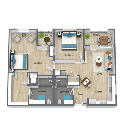 Architectural floor plan of a two-bedroom layout