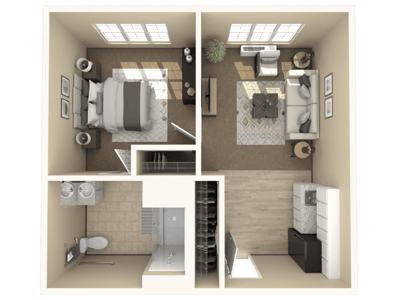 Interior view of a private resident room layout