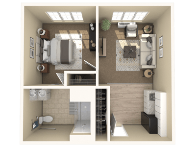 Layout of a one-bedroom resident room