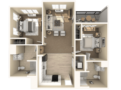 Architectural floor plan of a two-bedroom suite