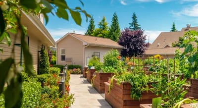 Garden pathway with raised vegetable beds