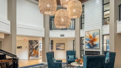 Bright and spacious common area with seating
