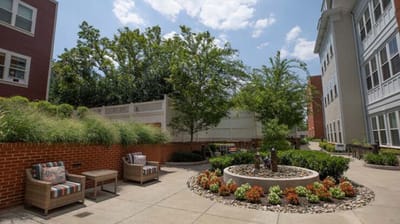 Outdoor space with seating and greenery