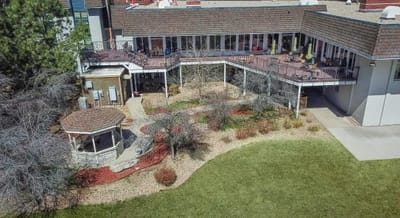 Aerial view of the outdoor space with gardens