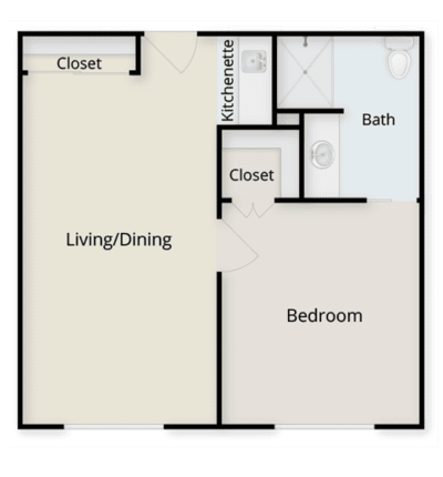 Architectural floor plan of a one-bedroom unit