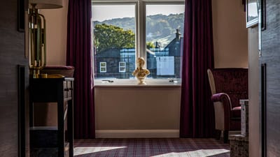 A cozy room with a window and decorative bust
