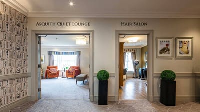 Interior view of a lounge and hair salon area
