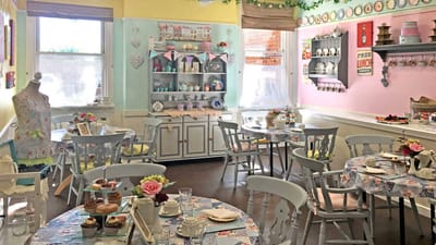 Bright dining room with tables set for tea