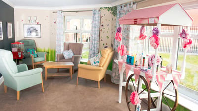 Colorful lounge area with decorative items