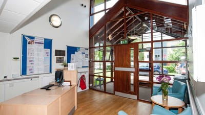 Bright interior of a reception area with seating