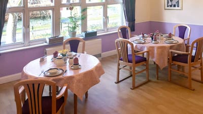 Dining area set with tables and decorations