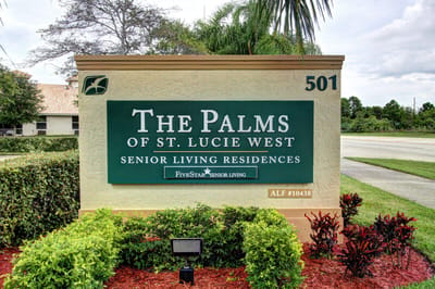 The Palms at St. Lucie West, assisted living in Port St. Lucie, FL — Sign for The Palms at St. Lucie West senior living facility