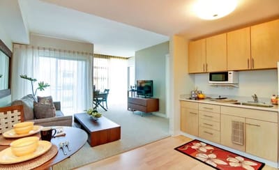 Bright interior of a stylish resident unit with kitchen