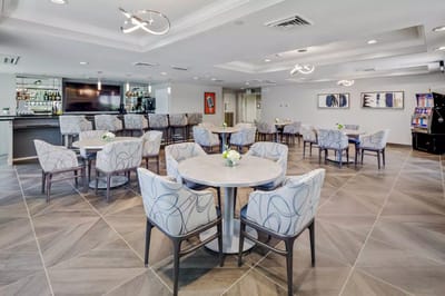 Bright common area with seating and decor