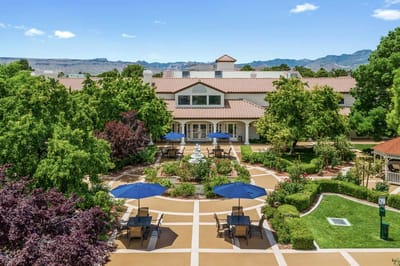 Aerial view of the facility's outdoor spaces and gardens