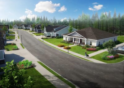 Aerial view of a senior living community with homes