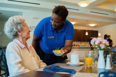 Staff serving food to a resident in the dining area