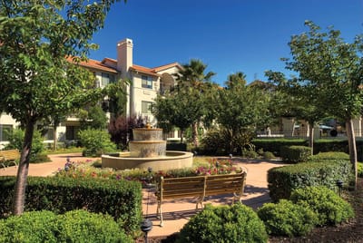 Beautiful outdoor garden area with fountain and landscaping