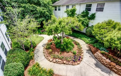 Aerial view of a garden with walking paths