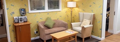 Bright common area with seating and decorations