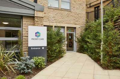 Exterior view of Priority Care facility entrance