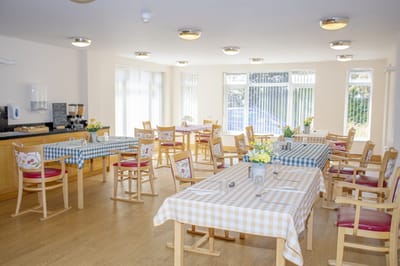 Bright dining room with checkered tablecloths and flowers