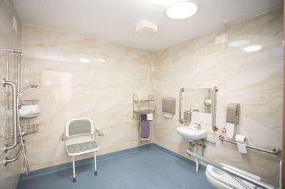 Clean bathroom space with safety features