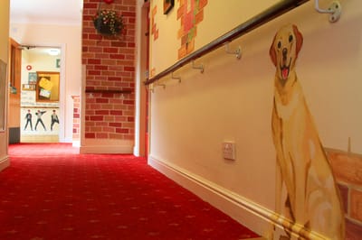 Colorful hallway with dog mural and red carpet