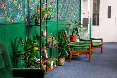 Colorful lounge area with green chairs and plants