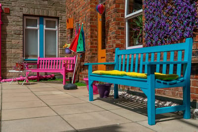 Colorful outdoor seating area with benches