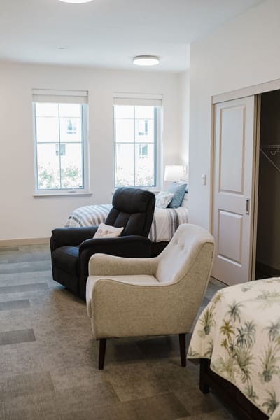 Interior view of a resident room with two beds