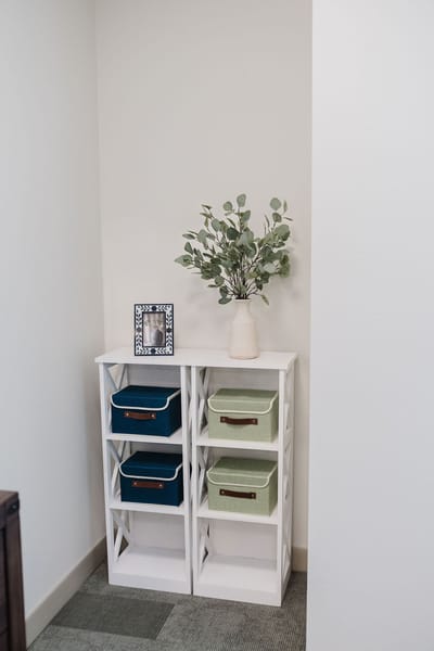 Decorative interior corner with shelves and greenery