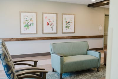Interior lounge area with green sofa and floral artwork