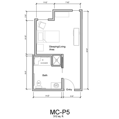 Architectural floor plan of resident living space